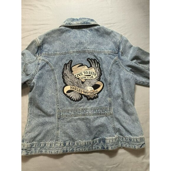 Harley Davidson Womens Jacket Size XL Blue Trucker Biker Denim Jean Pearls Y2K - Picture 9 of 10